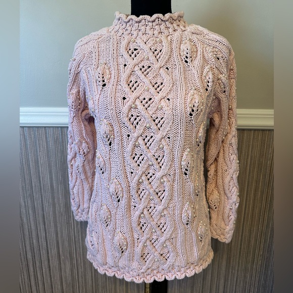Yarnworks Sweaters - Vintage Yarnworks Pearl Embellished Cable Knit Sweater Pink Cottagecore Medium